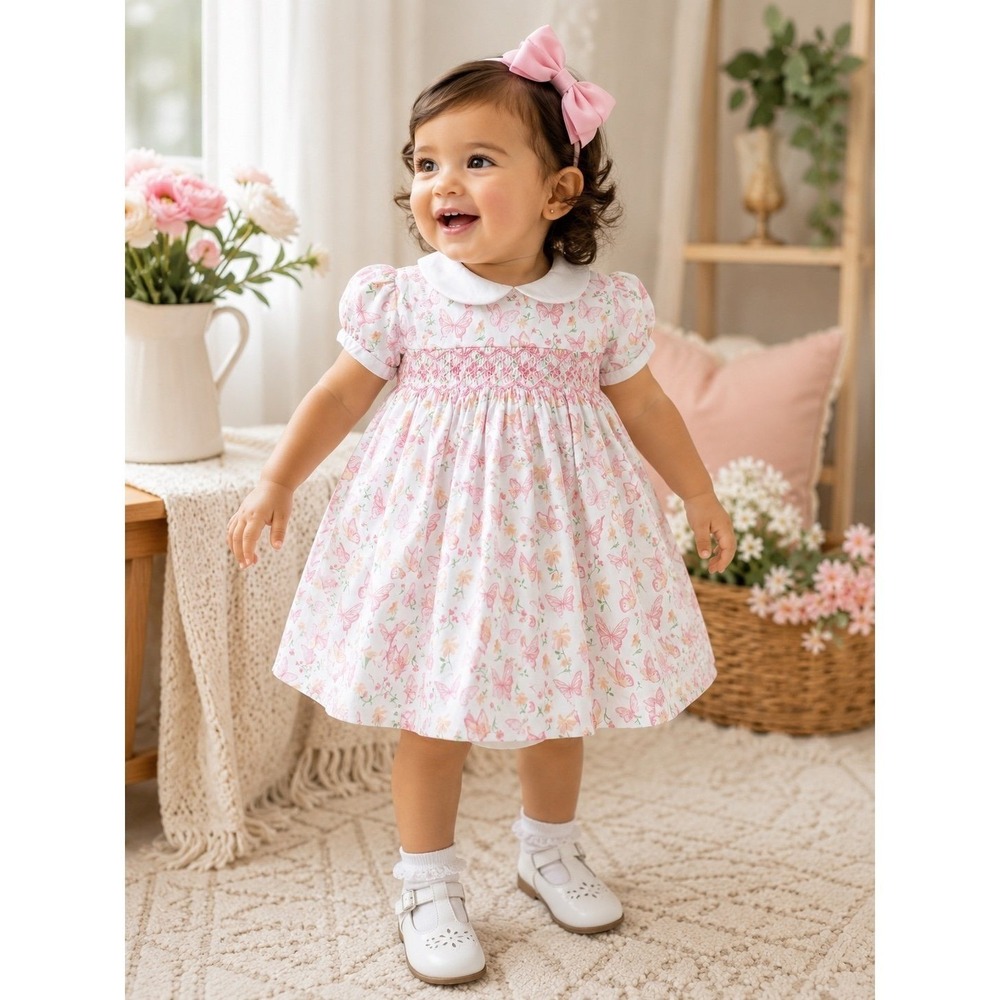 Nellapima Girls Butterfly Smocked Pima Cotton Dress White Pink 9-12M Peru NWOT